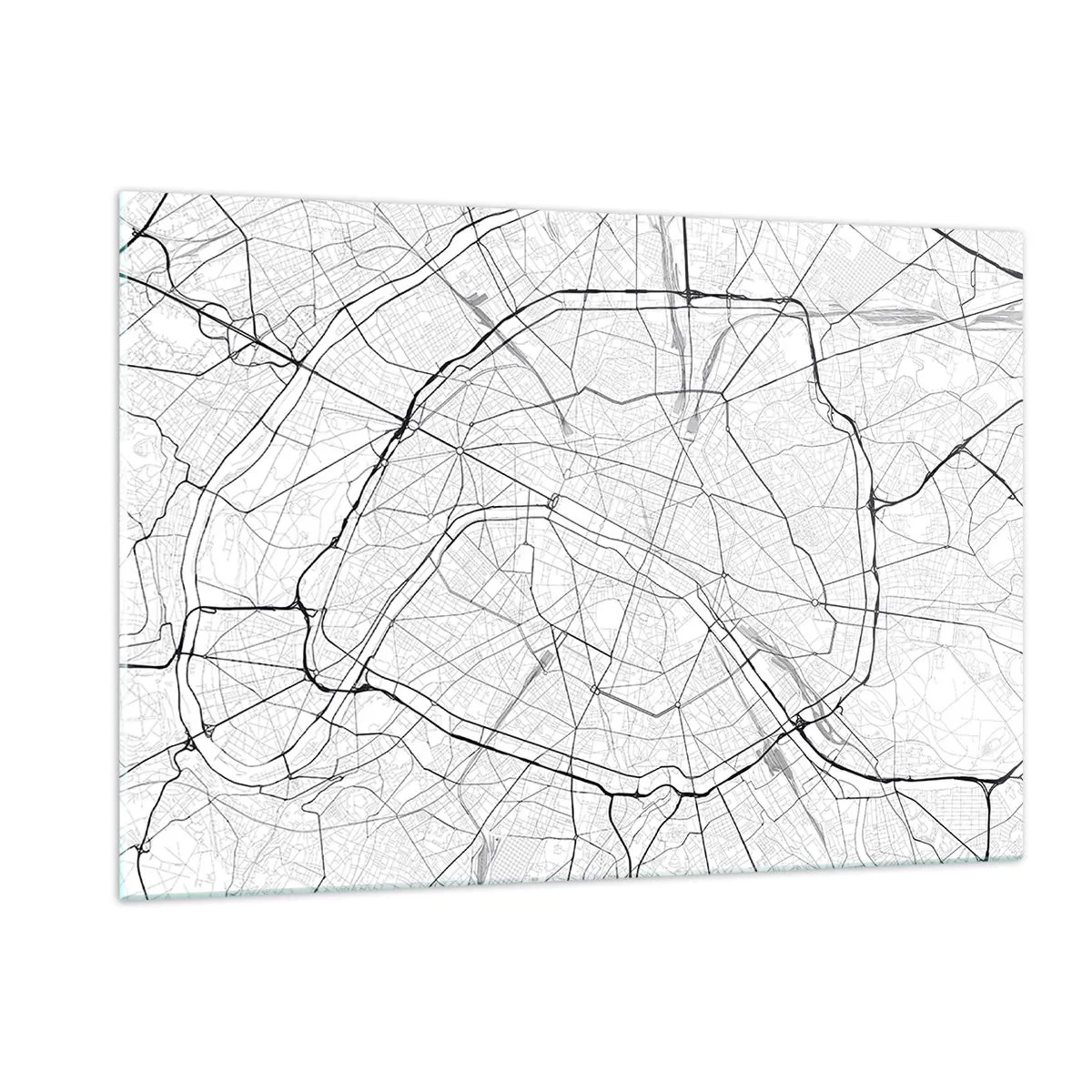 Glasbild - Bild auf glas - Schwarz-weißer Stadtplan mit Straßenraster und Ringstraßen - 120x80cm - Pariser Blume - Moderne Wanddekoration für Wohnzimmer und Schlafzimmer ARTTOR