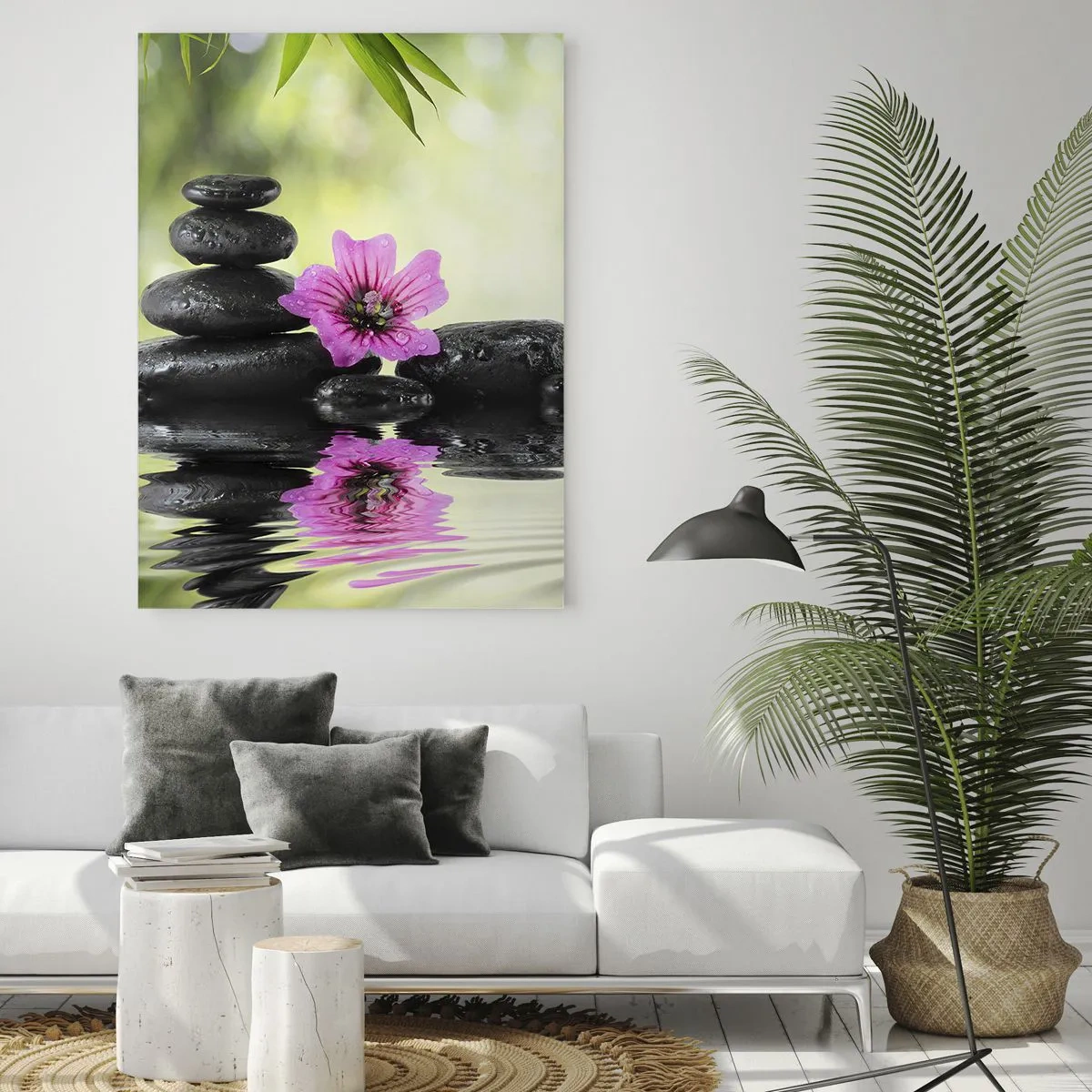 Glasbild - Bild auf glas - Zen-Steine und eine rosa Blume spiegeln sich im Wasser - 70x100cm - Zeit für die Seele - Moderne Wanddekoration für Wohnzimmer und Schlafzimmer ARTTOR