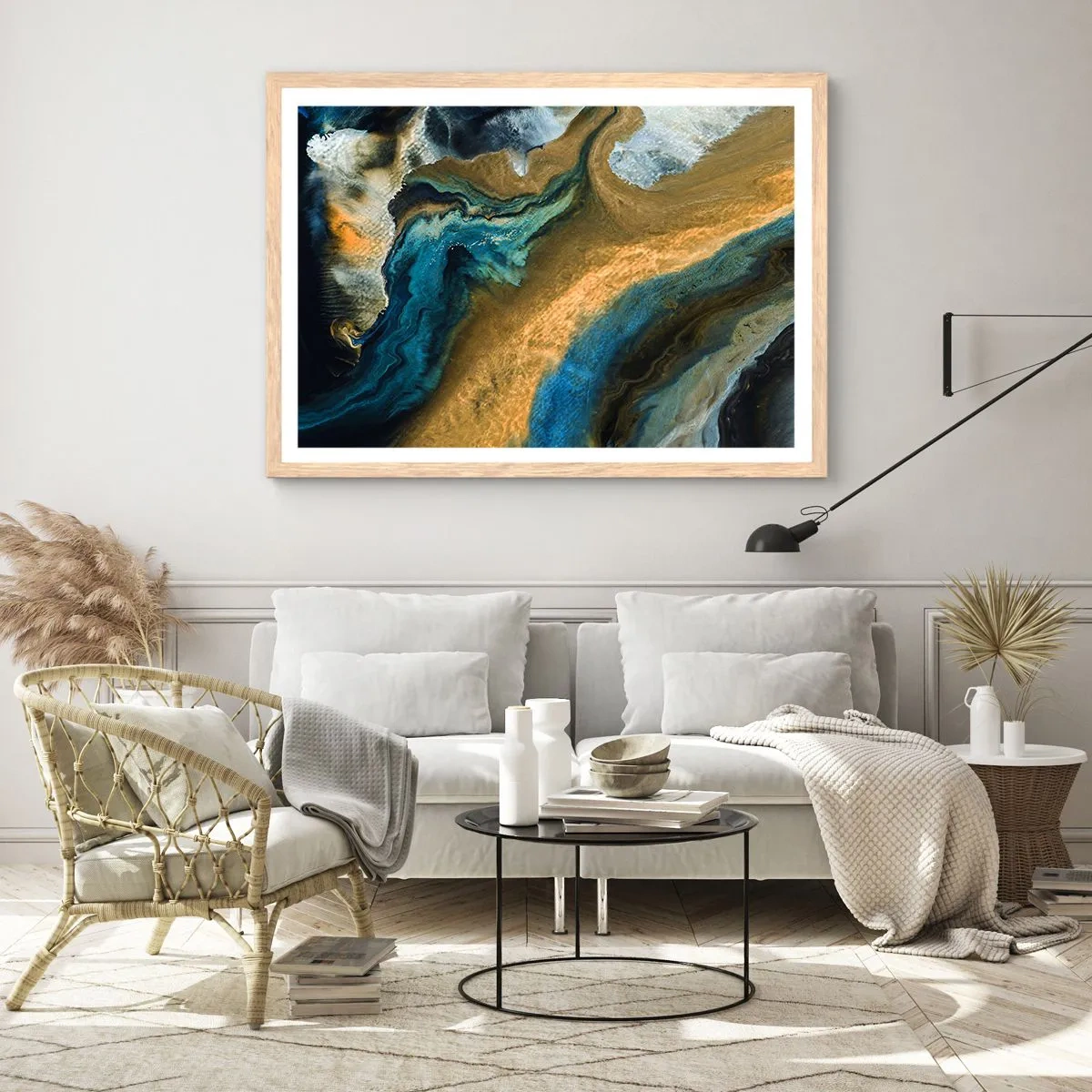 Poster in einem Rahmen aus heller Eiche - Blau - Gelb - gegenseitige Beeinflussung - 70x50 cm