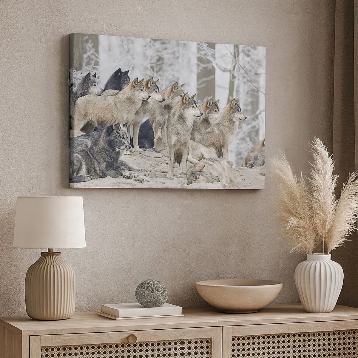 Bild auf Leinwand - Leinwandbild - Ein Wolfsrudel im Winterwald - 70x50cm - Familie und Freunde - Moderne Wanddekoration für Wohnzimmer und Schlafzimmer ARTTOR