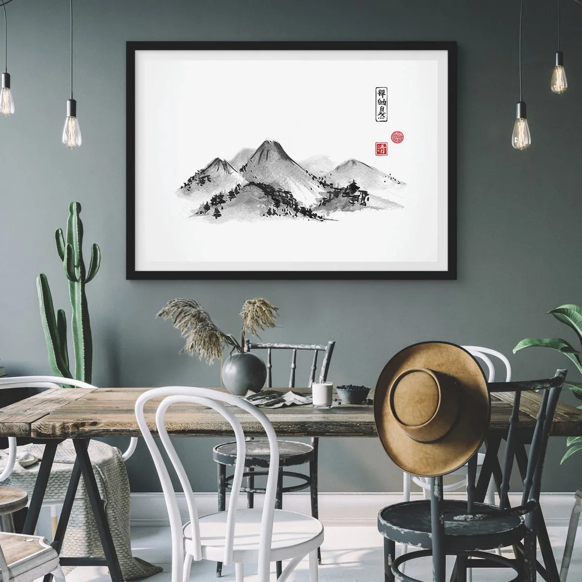 Poster in einem schwarzem Rahmen - Traditionelle Berglandschaft im Stil der japanischen Tuschemalerei - 70x50cm - Unendliche Fernen - Moderne Wanddekoration für Wohnzimmer und Schlafzimmer ARTTOR