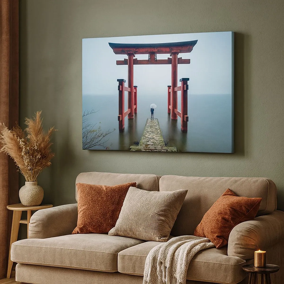 Bild auf Leinwand - Leinwandbild - Ein Torii-Tor mit Blick auf einen ruhigen See in Japan - 70x50cm - Japanische Träumerei - Moderne Wanddekoration für Wohnzimmer und Schlafzimmer ARTTOR