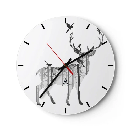 Wanduhr - Glasuhr - Silhouette eines Hirsches mit Wald- und Vogelmotiv - 30x30cm - Guter Waldgeist - Moderne Wanddekoration für Wohnzimmer, Küche und Schlafzimmer ARTTOR