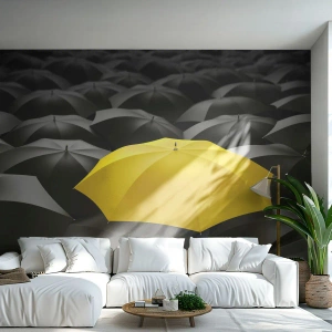 Fototapete Premium Canvas - Auf Wiedersehen Trauer - Gelbe Regenschirme, Grafik, Konzept - 400x280 cm