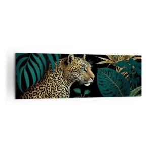 Bild auf Leinwand - Leinwandbild - Leopard in tropischen Blättern auf schwarzem Hintergrund - 160x50cm - Gastgeber im Dschungel - Moderne Wanddekoration für Wohnzimmer und Schlafzimmer ARTTOR