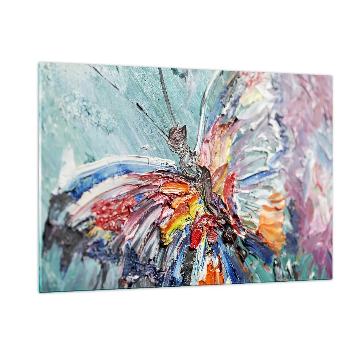 Glasbild - Bild auf glas - Bunter Schmetterling im abstrakten Stil auf blauem Hintergrund - 120x80cm - Von der Natur gemalt - Moderne Wanddekoration für Wohnzimmer und Schlafzimmer ARTTOR