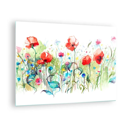 Glasbild - Bild auf glas - Bunte Mohnblumen und Wildblumen im Aquarellstil - 70x50cm - Blühende Maiwiese - Moderne Wanddekoration für Wohnzimmer und Schlafzimmer ARTTOR