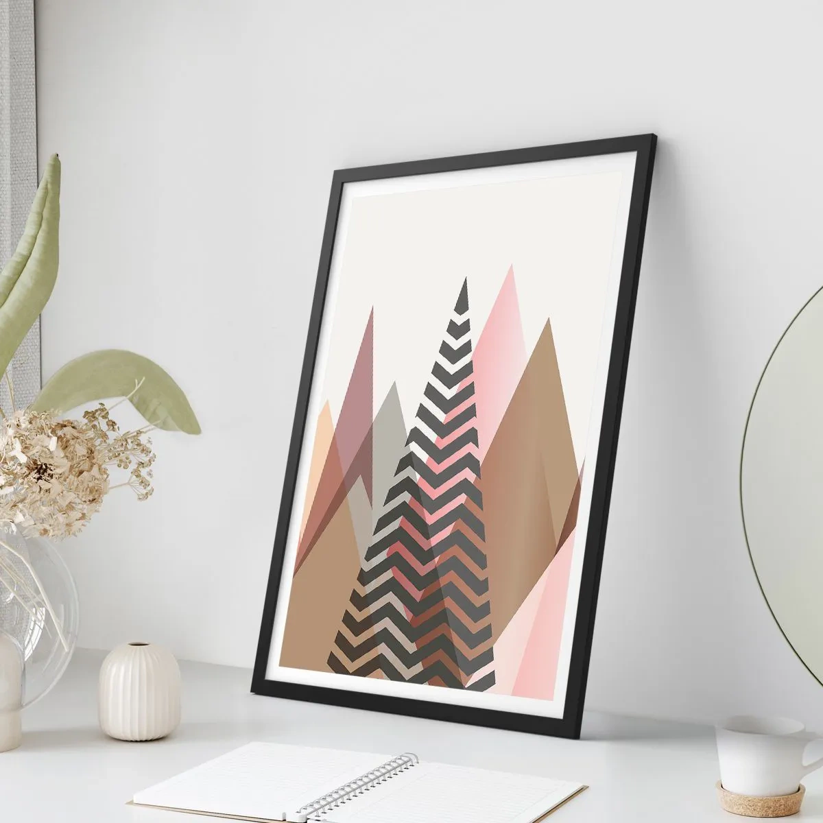 Poster in einem schwarzem Rahmen - Geometrische Berge in Pastelltönen mit Lageneffekt - 50x70cm - Pyramidale Aussicht - Moderne Wanddekoration für Wohnzimmer und Schlafzimmer ARTTOR