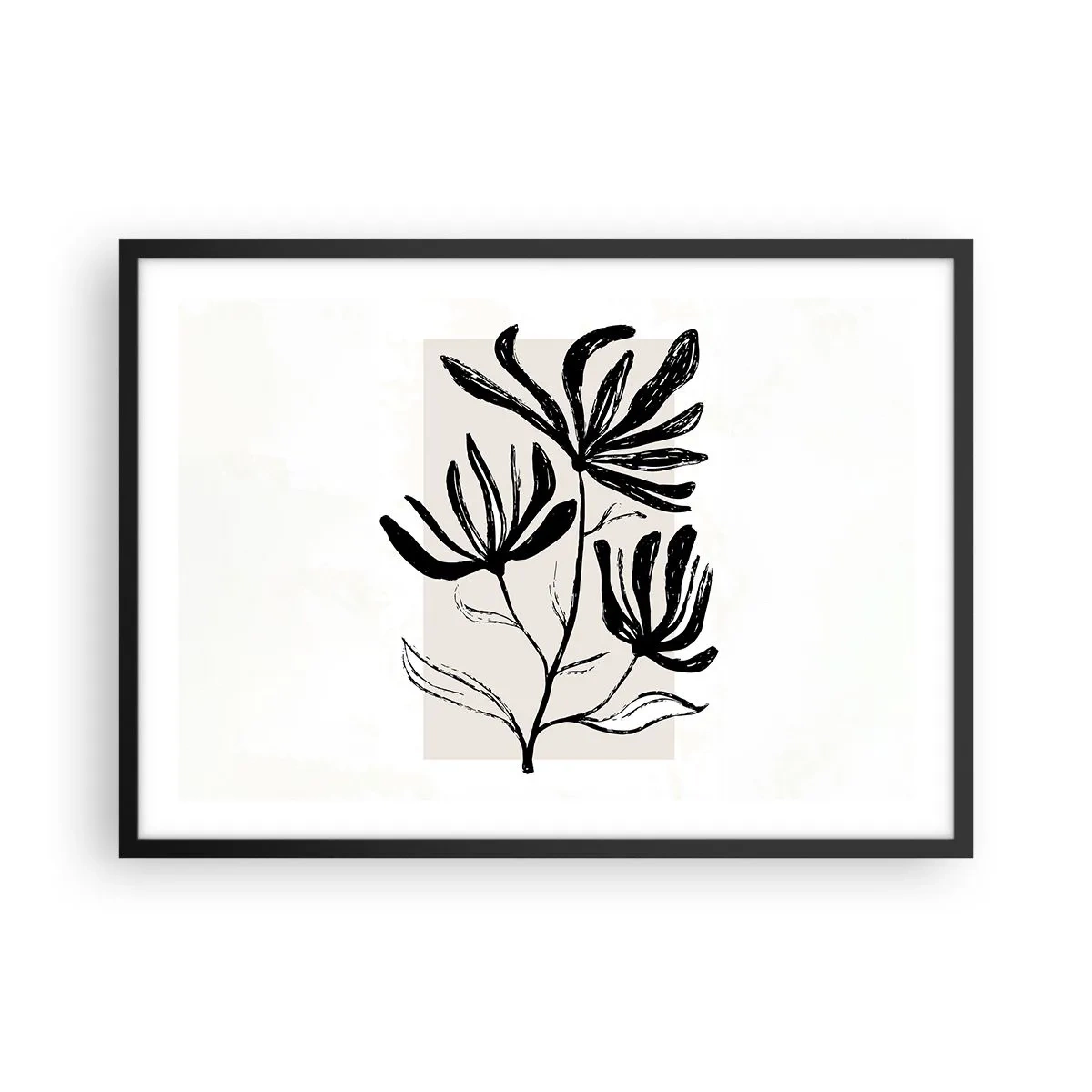 Poster in einem schwarzem Rahmen - Minimalistisches schwarz-weißes Blumenmotiv - 70x50cm - Skizze für das Herbarium - Moderne Wanddekoration für Wohnzimmer und Schlafzimmer ARTTOR