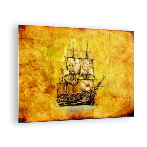 Glasbild - Bild auf glas - Ein historisches Segelschiff vor dem Hintergrund stilisierten Pergaments - 70x50cm - Richtung Tortuga! - Moderne Wanddekoration für Wohnzimmer und Schlafzimmer ARTTOR