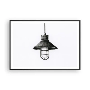 Poster in einem schwarzem Rahmen - Zeichnung einer Retro-Hängelampe auf weißem Hintergrund - 100x70cm - Wie vor Jahren… - Moderne Wanddekoration für Wohnzimmer und Schlafzimmer ARTTOR