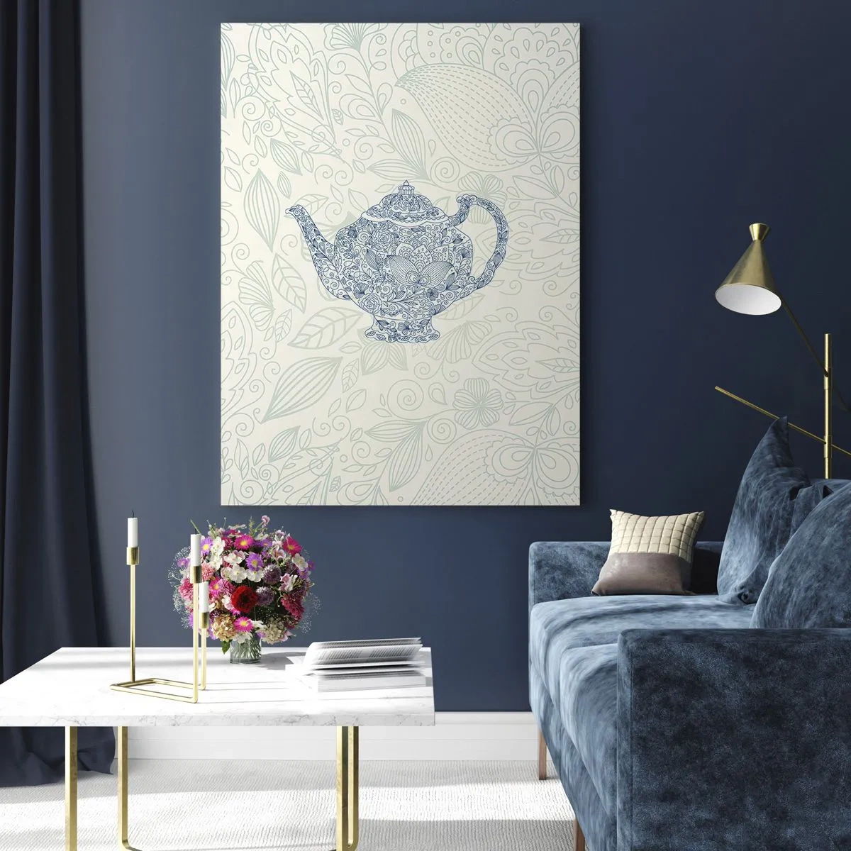Glasbild - Bild auf glas - Teekanne im Vintage-Stil mit Blumenmuster - 50x70cm - Tee-Charm - Moderne Wanddekoration für Wohnzimmer und Schlafzimmer ARTTOR