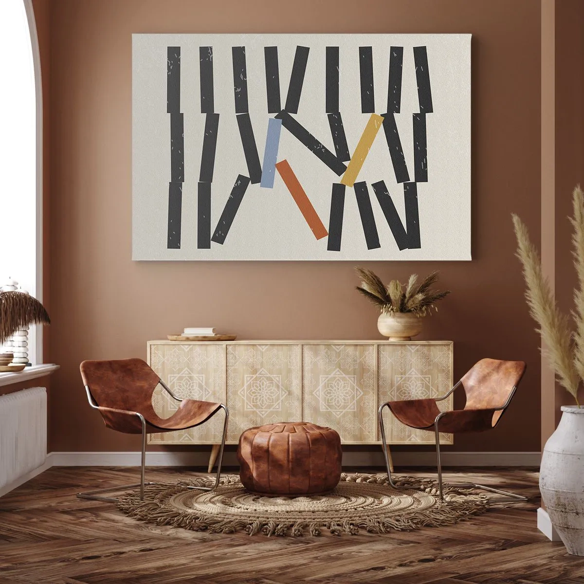 Bild auf Leinwand - Leinwandbild - Abstrakte Komposition mit farbigen und schwarzen Rechtecken - 100x70cm - Domino – Komposition - Moderne Wanddekoration für Wohnzimmer und Schlafzimmer ARTTOR