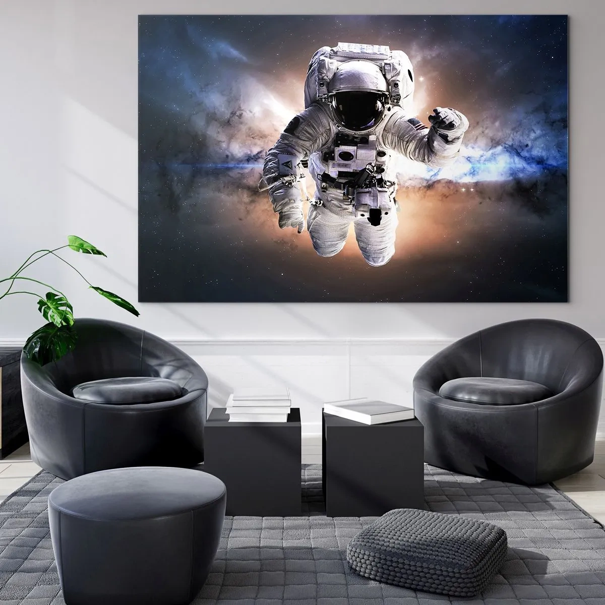 Glasbild - Bild auf glas - Astronaut im Weltraum mit einer Galaxie im Hintergrund - 120x80cm - Grüße aus dem Weltall - Moderne Wanddekoration für Wohnzimmer und Schlafzimmer ARTTOR