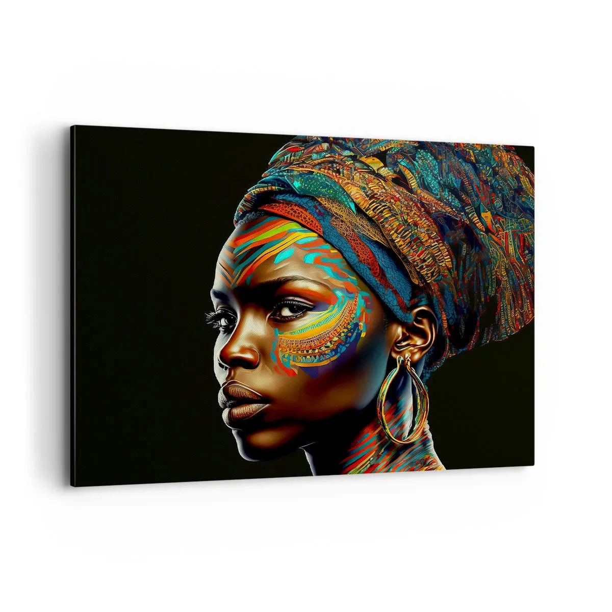 Bild auf Leinwand - Leinwandbild - Porträt einer Frau mit buntem Muster und Turban - 100x70cm - Afrikanische Königin - Moderne Wanddekoration für Wohnzimmer und Schlafzimmer ARTTOR