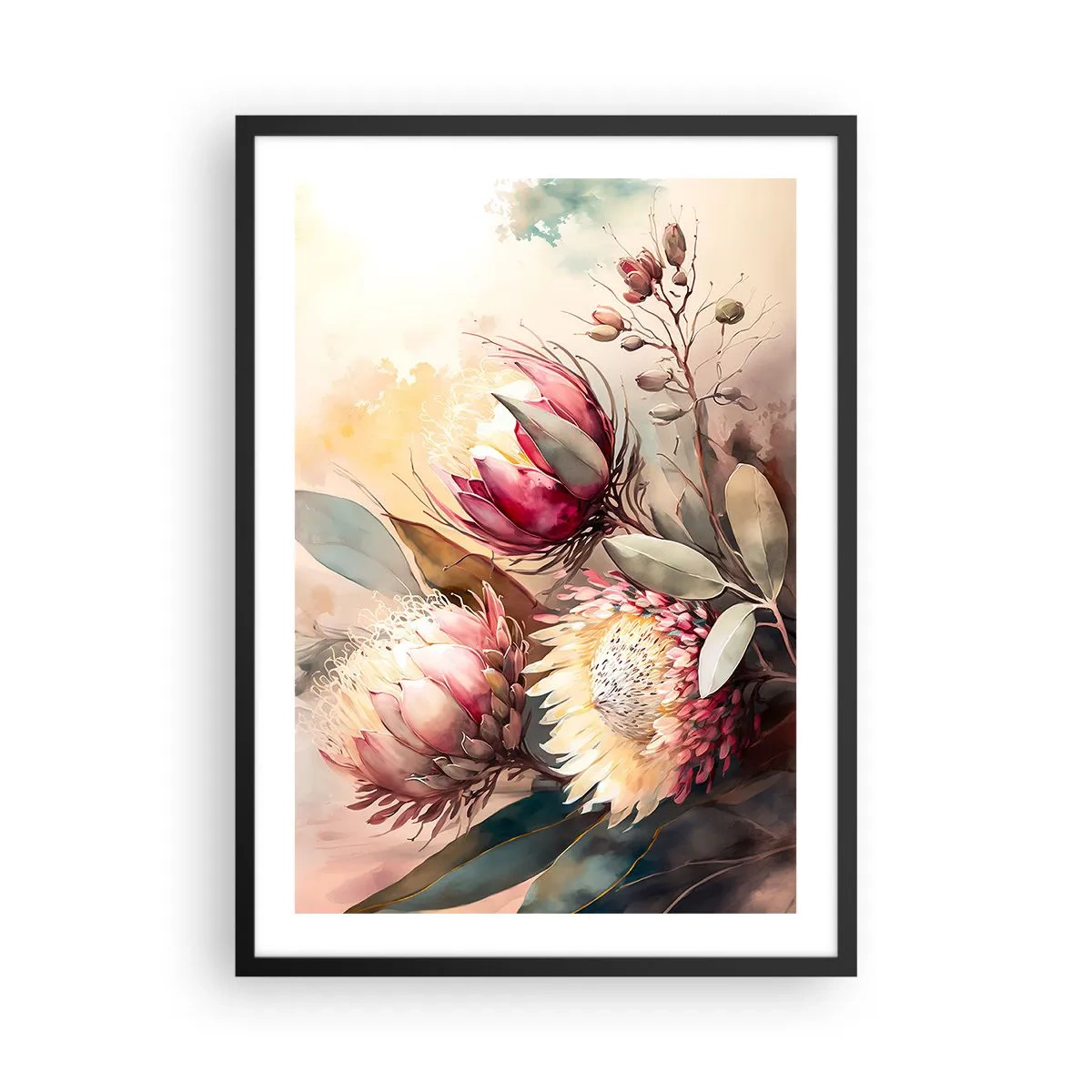 Poster in einem schwarzem Rahmen - Ein Strauß Protea-Blüten in zarten Farben - 50x70cm - Im Profil und en face - Moderne Wanddekoration für Wohnzimmer und Schlafzimmer ARTTOR