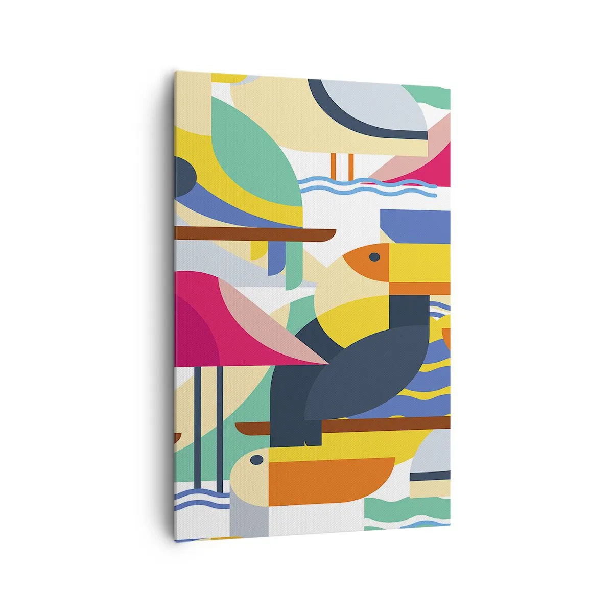 Bild auf Leinwand - Leinwandbild - Bunte Vögel in einer abstrakten, geometrischen Komposition - 80x120cm - Vogelparty - Moderne Wanddekoration für Wohnzimmer und Schlafzimmer ARTTOR