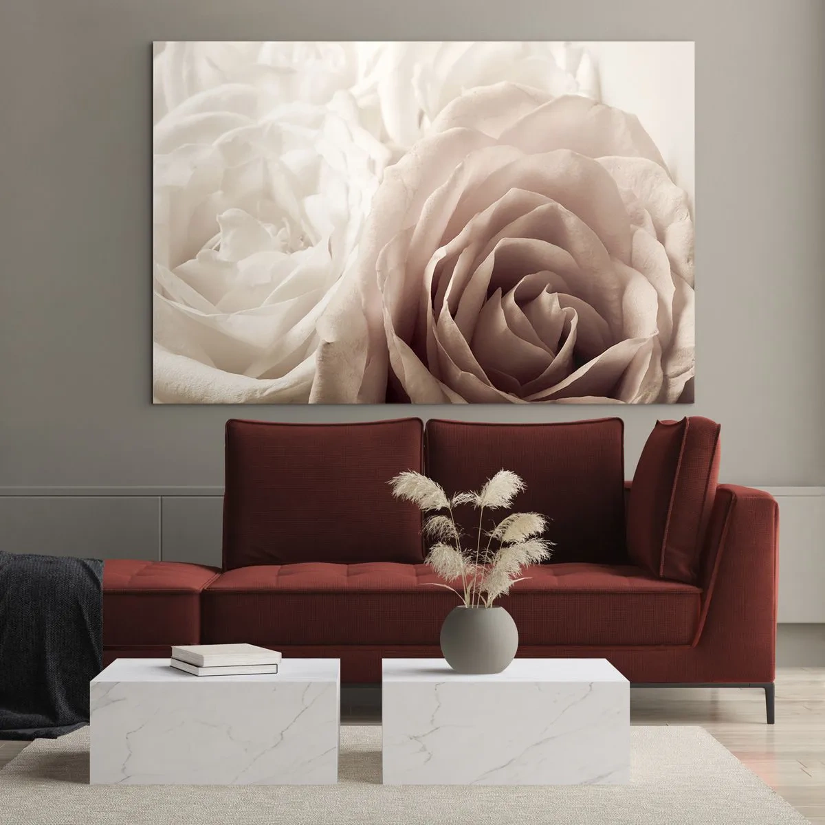 Glasbild - Bild auf glas - Zarte helle Rosen in romantischer Nahaufnahme - 120x80cm - Im Herzen der Rose - Moderne Wanddekoration für Wohnzimmer und Schlafzimmer ARTTOR