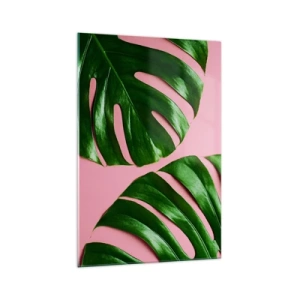 Glasbild - Bild auf glas - Grüne Monstera-Blätter auf rosa Hintergrund - 70x100cm - Rendezvous im Grünen - Moderne Wanddekoration für Wohnzimmer und Schlafzimmer ARTTOR