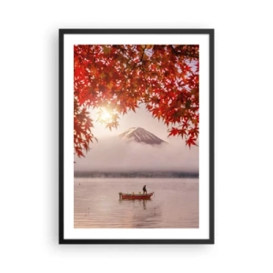 Poster in einem schwarzem Rahmen - Mount Fuji mit einem Boot auf einem See und Herbstlaub - 50x70cm - Im japanischen Klima - Moderne Wanddekoration für Wohnzimmer und Schlafzimmer ARTTOR