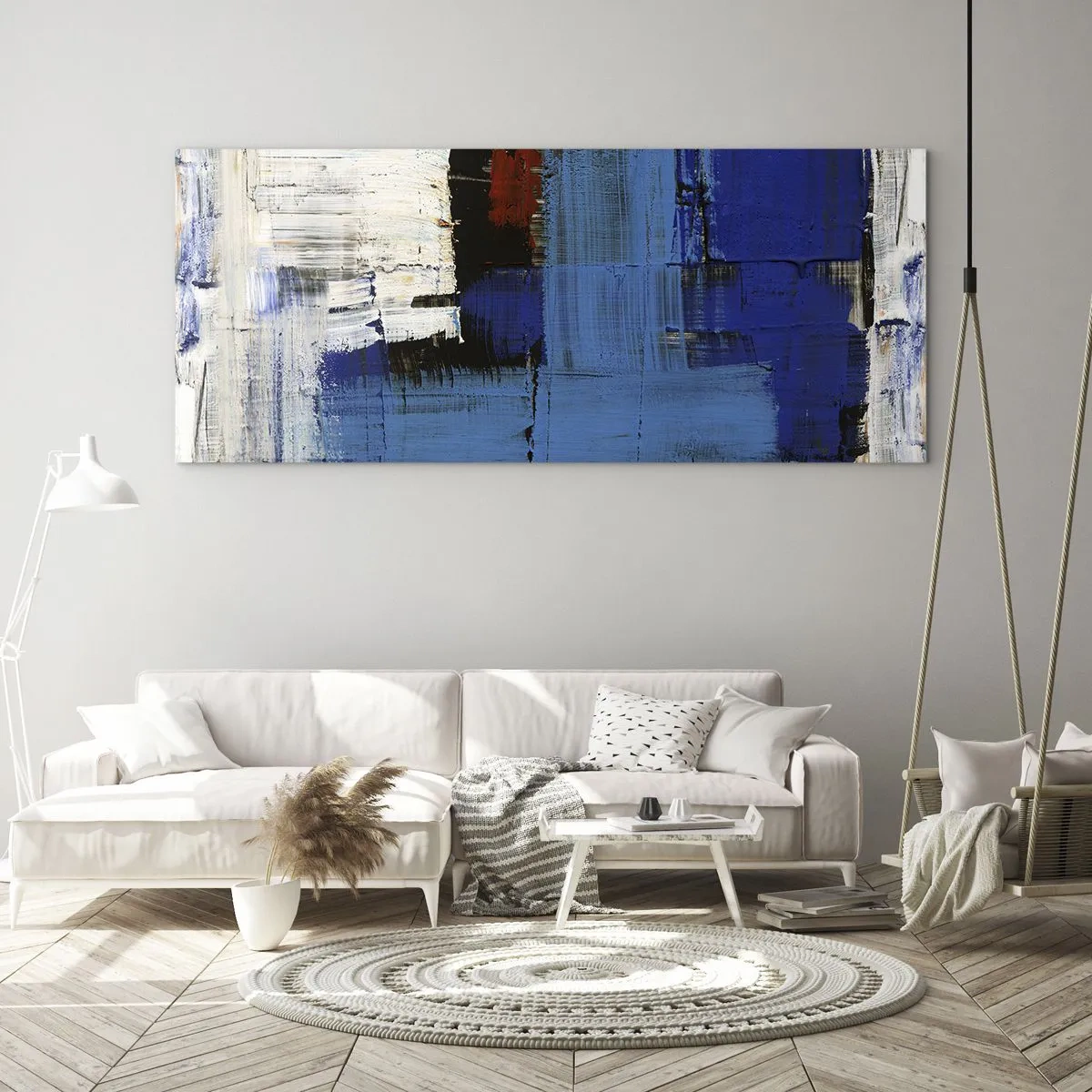Glasbild - Bild auf glas - Abstrakte Komposition in Blau- und Weißtönen - 120x50cm - Geheimnis ist blau - Moderne Wanddekoration für Wohnzimmer und Schlafzimmer ARTTOR