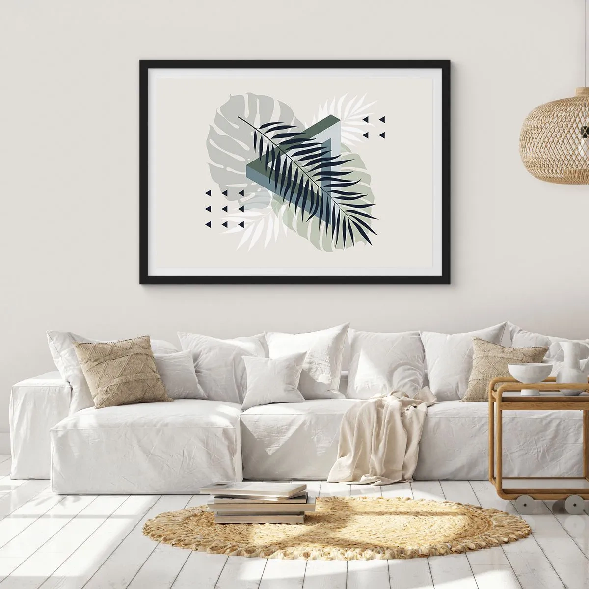Poster in einem schwarzem Rahmen - Geometrische Komposition mit tropischen Blättern in Grüntönen - 70x50cm - Natur und Geometrie – zwei Ordnungen? - Moderne Wanddekoration für Wohnzimmer und Schlafzimmer ARTTOR