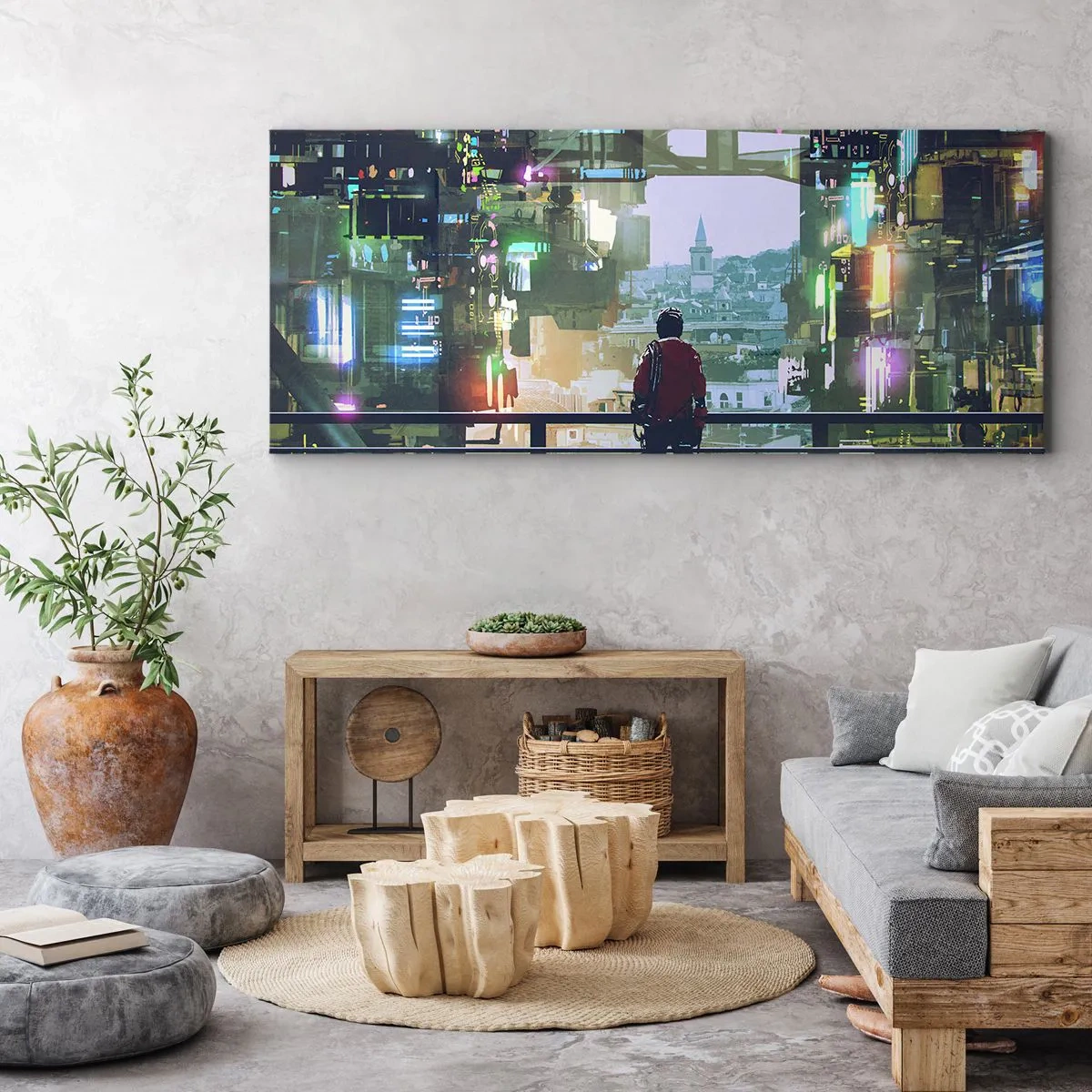 Bild auf Leinwand - Leinwandbild - Eine Figur in einer futuristischen Stadt mit Neonlichtern - 140x50cm - Zwei Welten - Moderne Wanddekoration für Wohnzimmer und Schlafzimmer ARTTOR