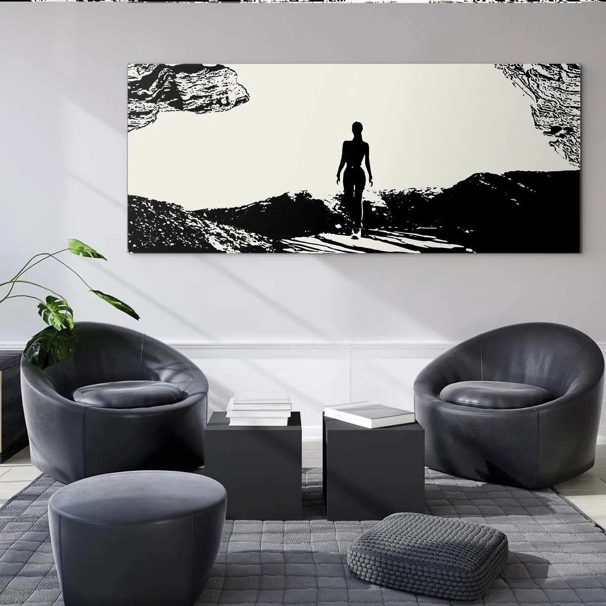 Glasbild - Bild auf glas - Schwarz-weiße Silhouette einer Frau in einer Höhle gegen den Himmel - 120x50cm - Neuer Blick - Moderne Wanddekoration für Wohnzimmer und Schlafzimmer ARTTOR