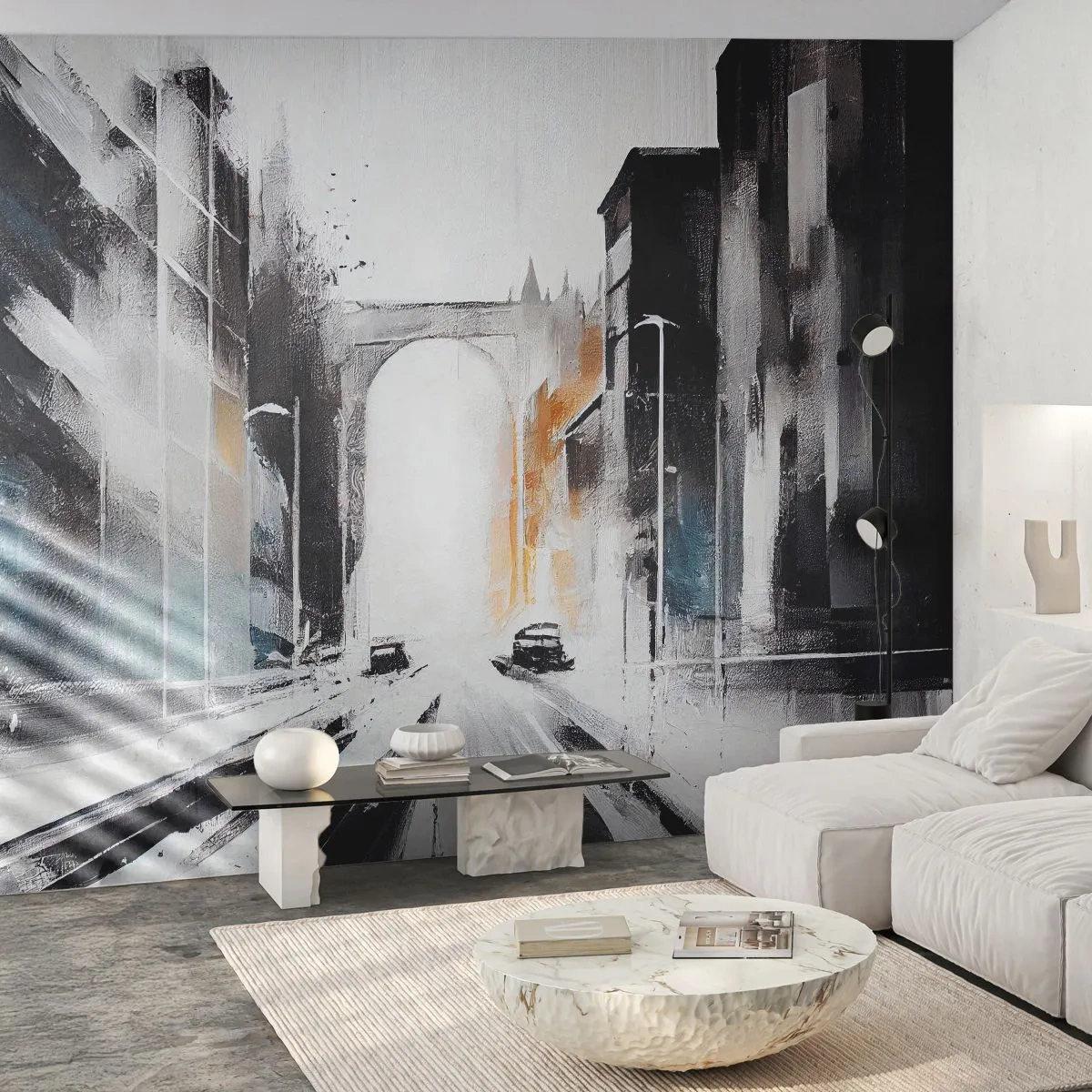 Fototapete Premium Canvas - Stadtstudie: Architektur und Bewegung - Die Architektur, Landschaft, Straße - 400x280 cm