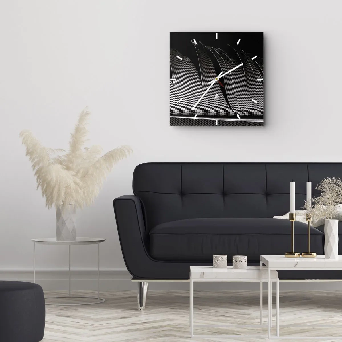 Wanduhr - Glasuhr - Schwarz-weiße Federstruktur im minimalistischen Stil - 30x30cm - Stift – ein wunderbares Design - Moderne Wanddekoration für Wohnzimmer und Schlafzimmer ARTTOR