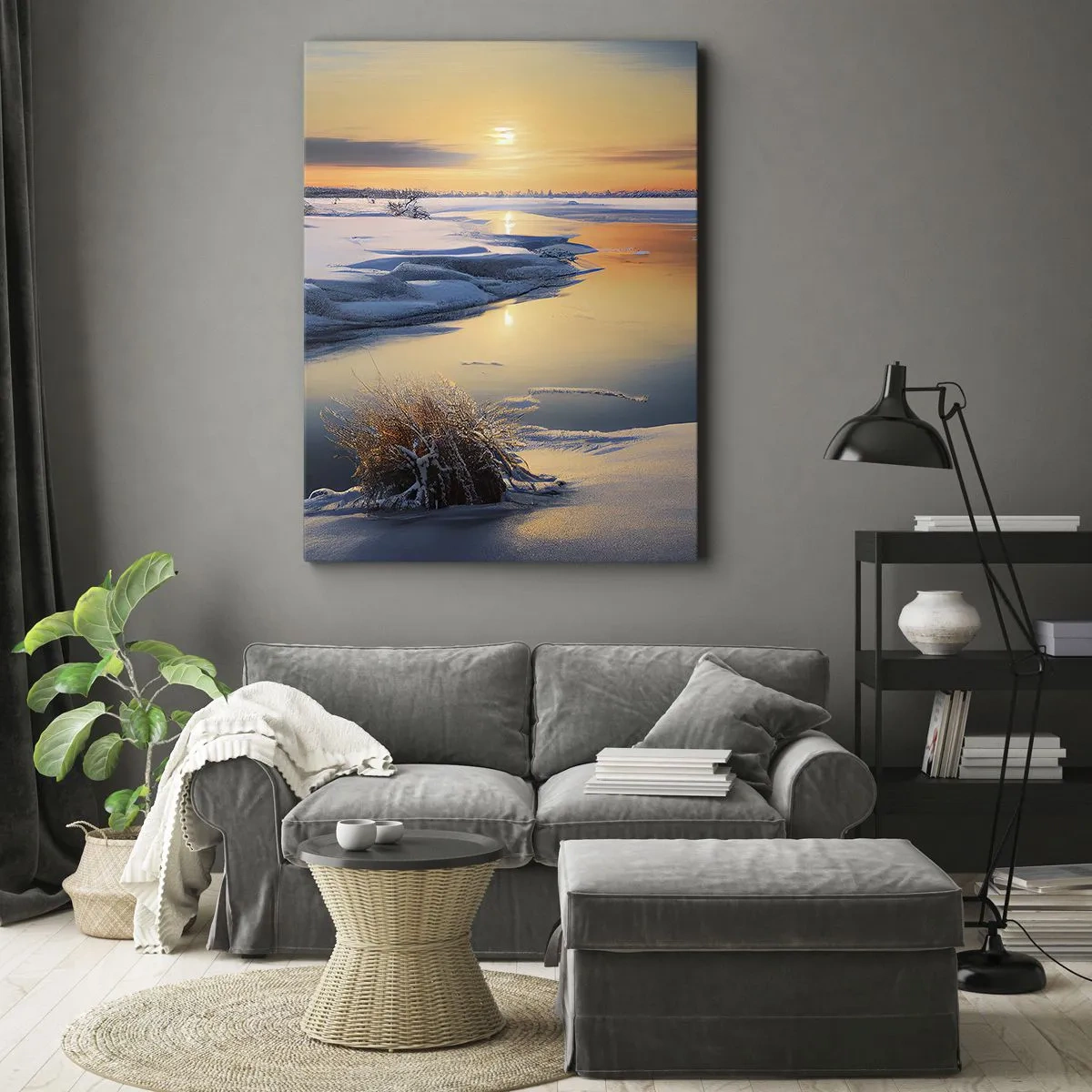 Bild auf Leinwand - Leinwandbild - Winterlandschaft mit einem Fluss bei Sonnenuntergang - 50x70cm - Wintersonnenuntergang - Moderne Wanddekoration für Wohnzimmer und Schlafzimmer ARTTOR