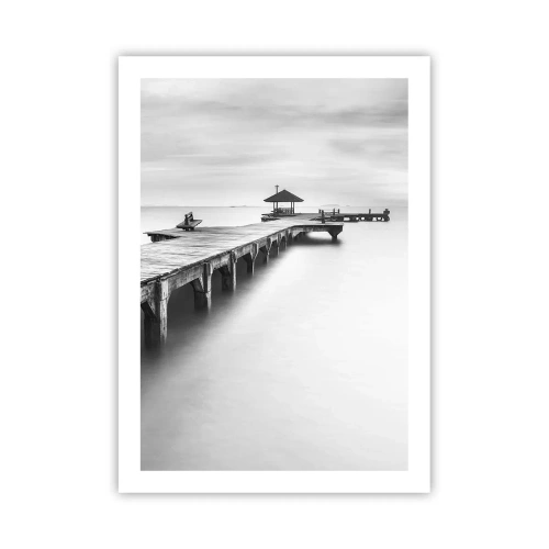 Poster - Ein schwarz-weißer Pier über einem ruhigen Meer - 50x70cm - In die Ferne - Moderne Wanddekoration für Wohnzimmer und Schlafzimmer ARTTOR