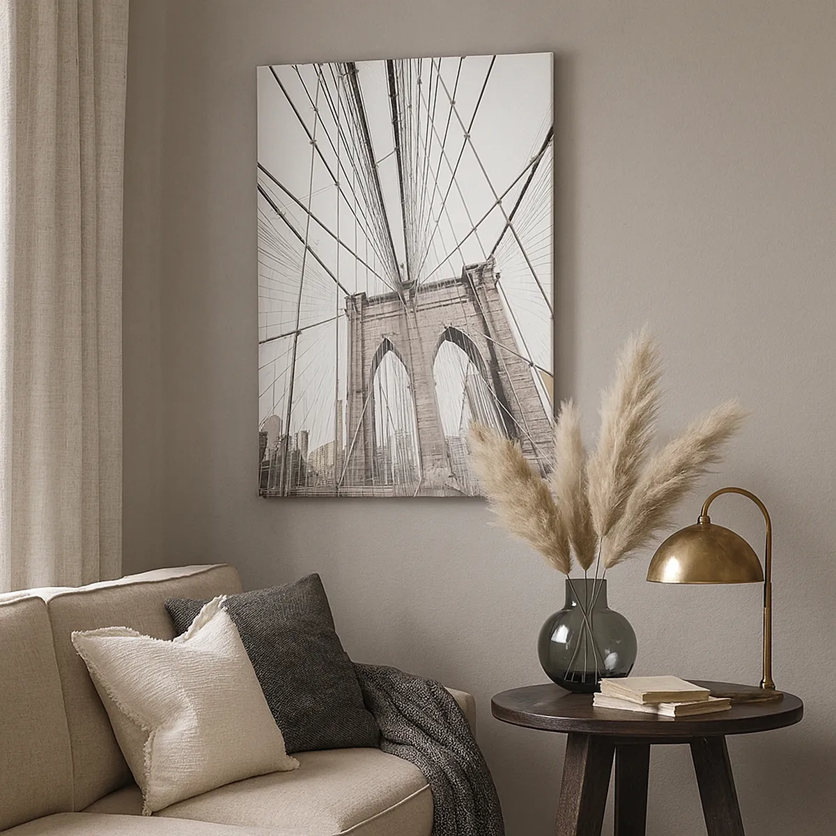 Bild auf Leinwand - Leinwandbild - Die Brooklyn Bridge in Schwarzweiß - 50x70cm - New Yorker Kathedrale - Moderne Wanddekoration für Wohnzimmer und Schlafzimmer ARTTOR