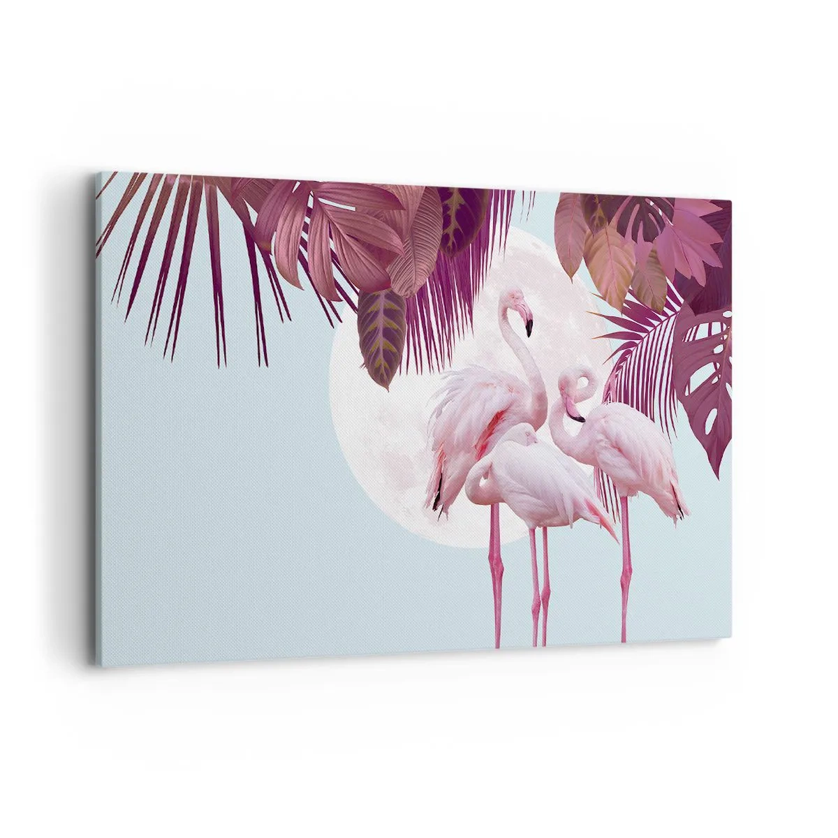 Bild auf Leinwand - Leinwandbild - Rosa Flamingos vor dem Hintergrund des Mondes und tropischer Blätter - 120x80cm - Drei Vogelgnaden - Moderne Wanddekoration für Wohnzimmer und Schlafzimmer ARTTOR