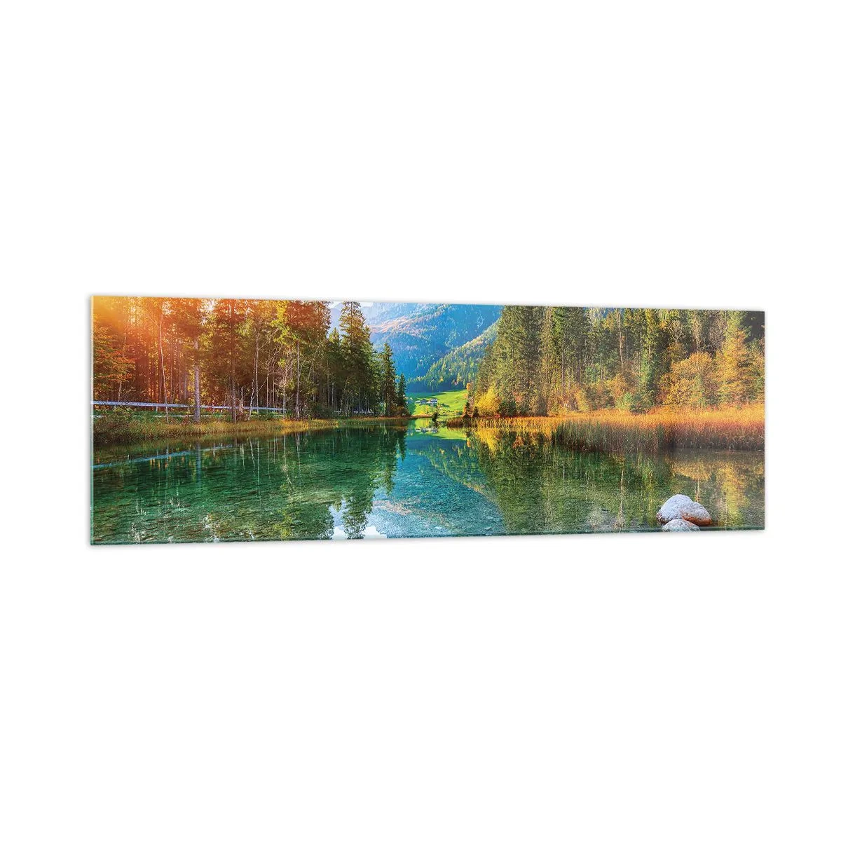 Glasbild - Bild auf glas - Ein malerischer See, umgeben von Bergen und Wäldern - 160x50cm - Die Sanftheit des Herbstes - Moderne Wanddekoration für Wohnzimmer und Schlafzimmer ARTTOR