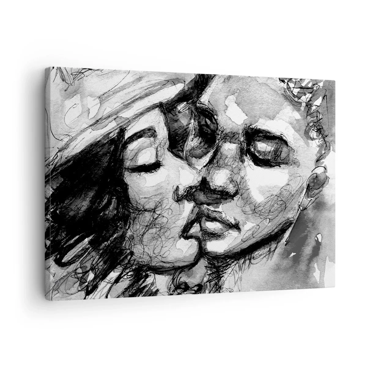 Bild auf Leinwand - Leinwandbild - Ein schwarz-weißes Aquarell, das einen intimen Moment zwischen zwei Menschen darstellt. - 70x50cm - Zärtlicher Moment - Moderne Wanddekoration für Wohnzimmer und Schlafzimmer ARTTOR