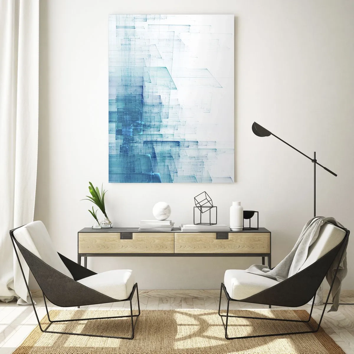 Glasbild - Bild auf glas - Abstrakte geometrische Komposition in Blautönen - 50x70cm - Wie der Raum wgeschaffen urde - Moderne Wanddekoration für Wohnzimmer und Schlafzimmer ARTTOR
