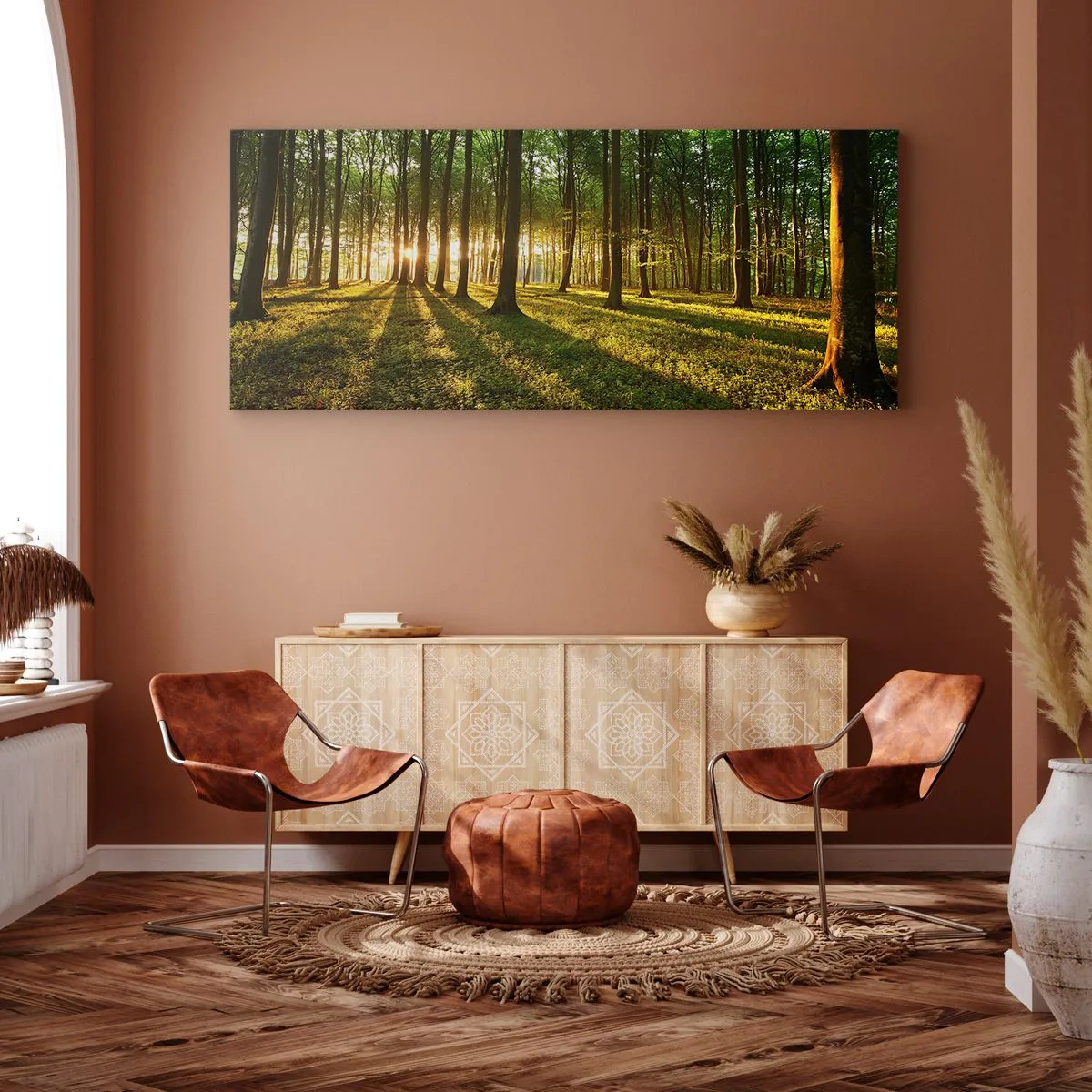 Bild auf Leinwand - Leinwandbild - Die untergehende Sonne im Laubwald - 120x50cm - Alle Frühlingsfotografie - Moderne Wanddekoration für Wohnzimmer und Schlafzimmer ARTTOR