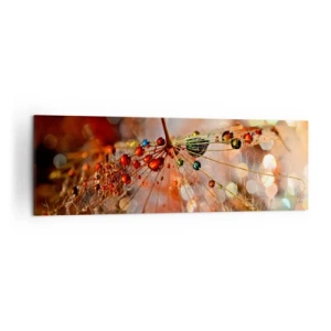 Bild auf Leinwand - Leinwandbild - Makrofotografie eines Wassertropfens auf einer zarten Pflanze - 160x50cm - Auf einem Spinnenfaden aufgefädelt - Moderne Wanddekoration für Wohnzimmer und Schlafzimmer ARTTOR