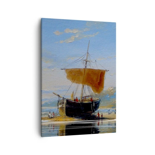 Bild auf Leinwand - Leinwandbild - Ein Schiff an der Küste an einem sonnigen Tag - 50x70cm - Wasser, Land, Luft - Moderne Wanddekoration für Wohnzimmer und Schlafzimmer ARTTOR