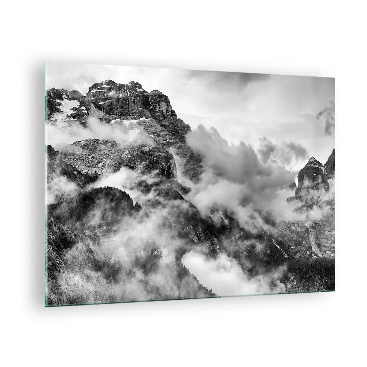 Glasbild - Bild auf glas - Schwarz-weiße Berge mit Nebel in den Tälern - 70x50cm - Schön und grausam - Moderne Wanddekoration für Wohnzimmer und Schlafzimmer ARTTOR