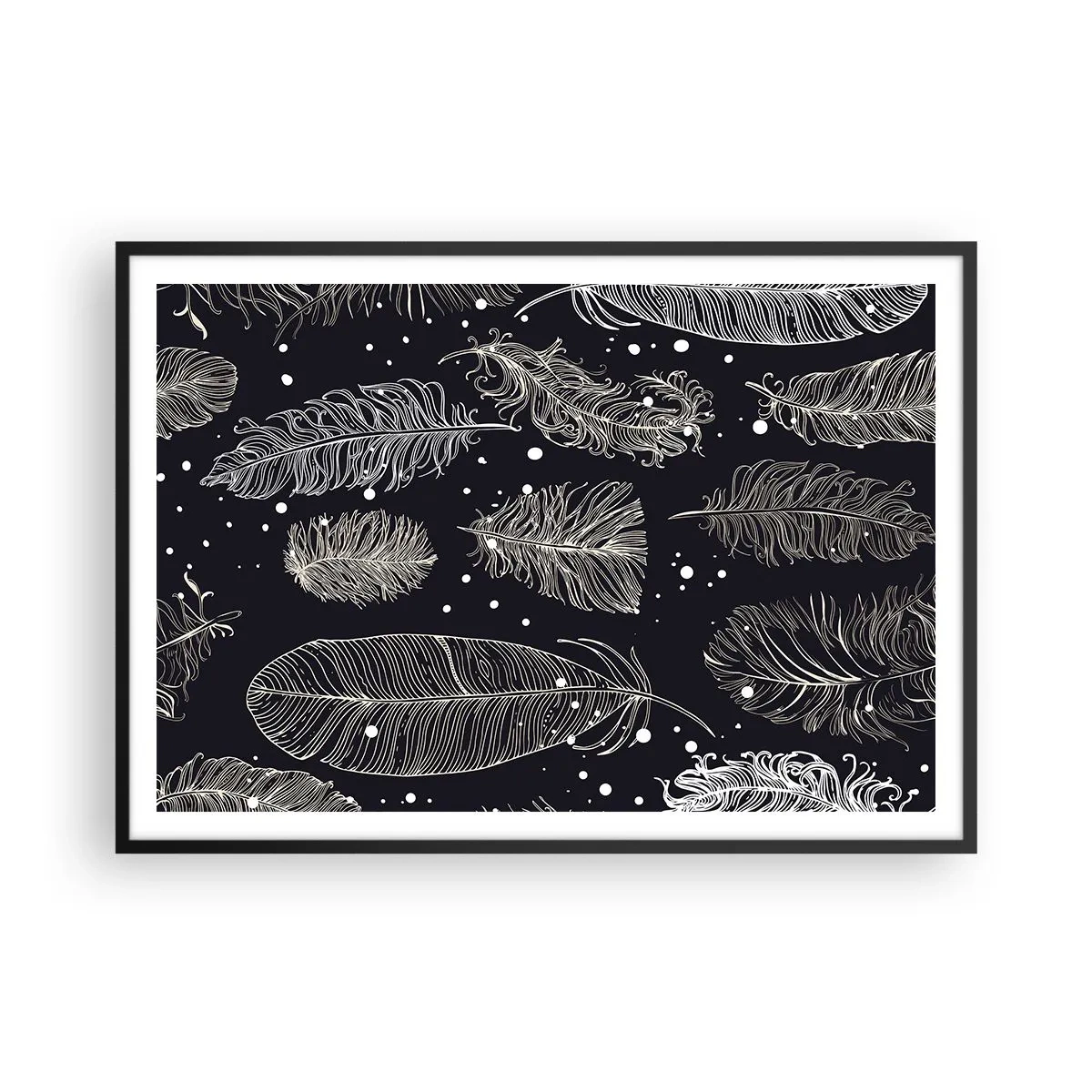 Poster in einem schwarzem Rahmen - Zarte weiße Federn auf marineblauem Hintergrund - 100x70cm - Gefiederte Spitze - Moderne Wanddekoration für Wohnzimmer und Schlafzimmer ARTTOR