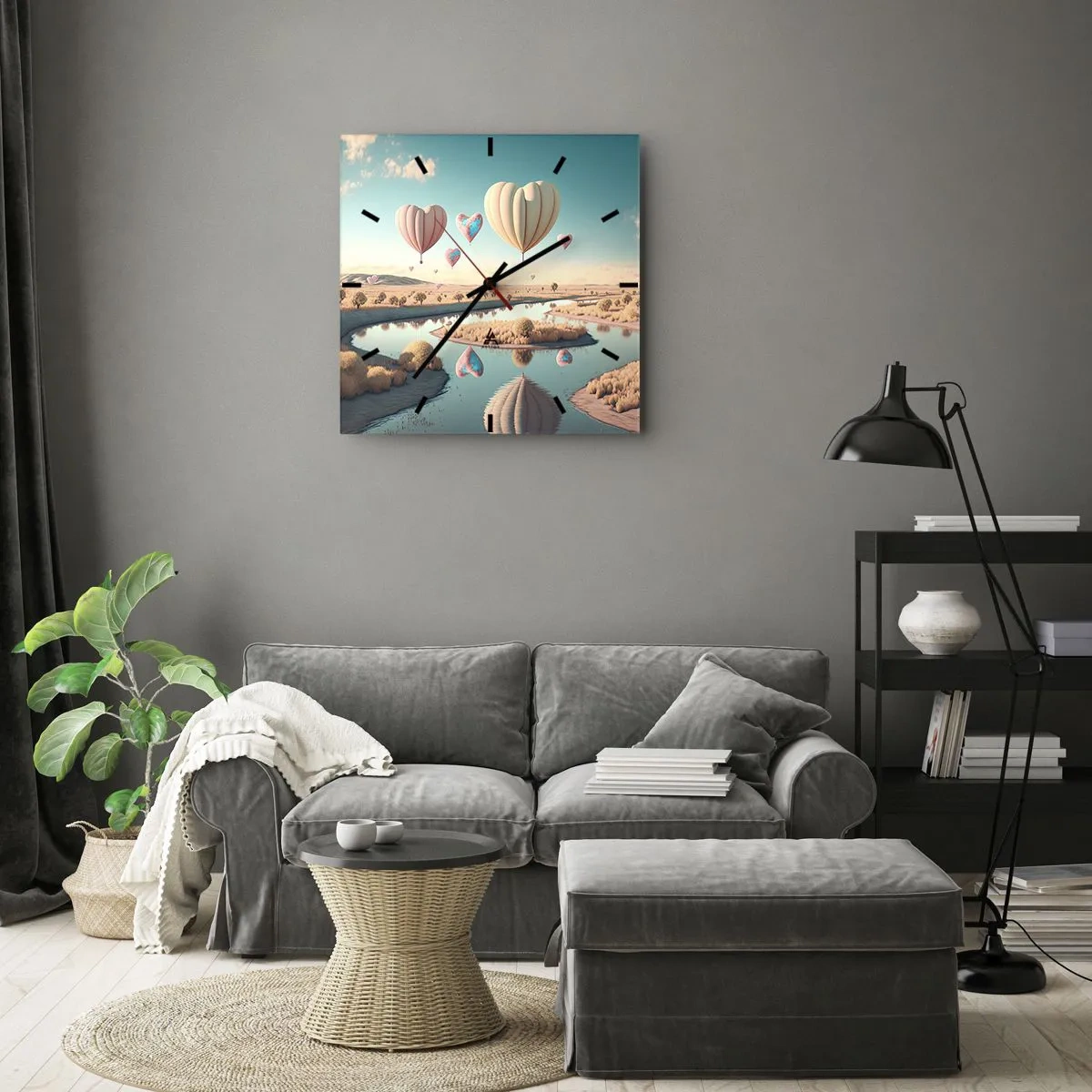Wanduhr - Glasuhr - Herzförmige Ballons schweben über der Landschaft - 30x30cm - Dank Liebe steigt man auf - Moderne Wanddekoration für Wohnzimmer und Schlafzimmer ARTTOR