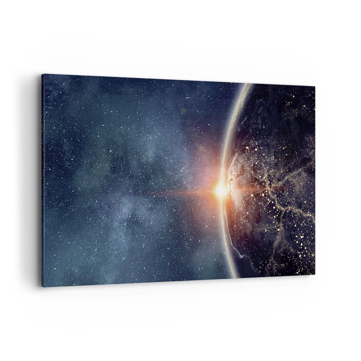 Bild auf Leinwand - Leinwandbild - Die Erde vom Weltraum aus gesehen mit der aufgehenden Sonne - 120x80cm - In einer neuen Perspektive - Moderne Wanddekoration für Wohnzimmer und Schlafzimmer ARTTOR