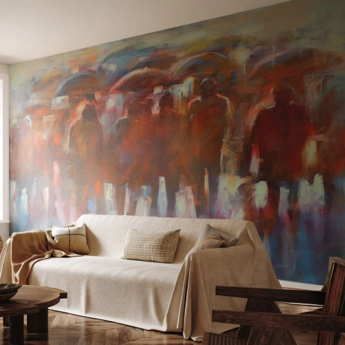 Fototapete Premium Sand - Abstrakte Komposition von Figuren mit Regenschirmen im Regen - 100x70cm - Auch bei Regen und Nebel - Moderne Wanddekoration für Wohnzimmer und Schlafzimmer ARTTOR