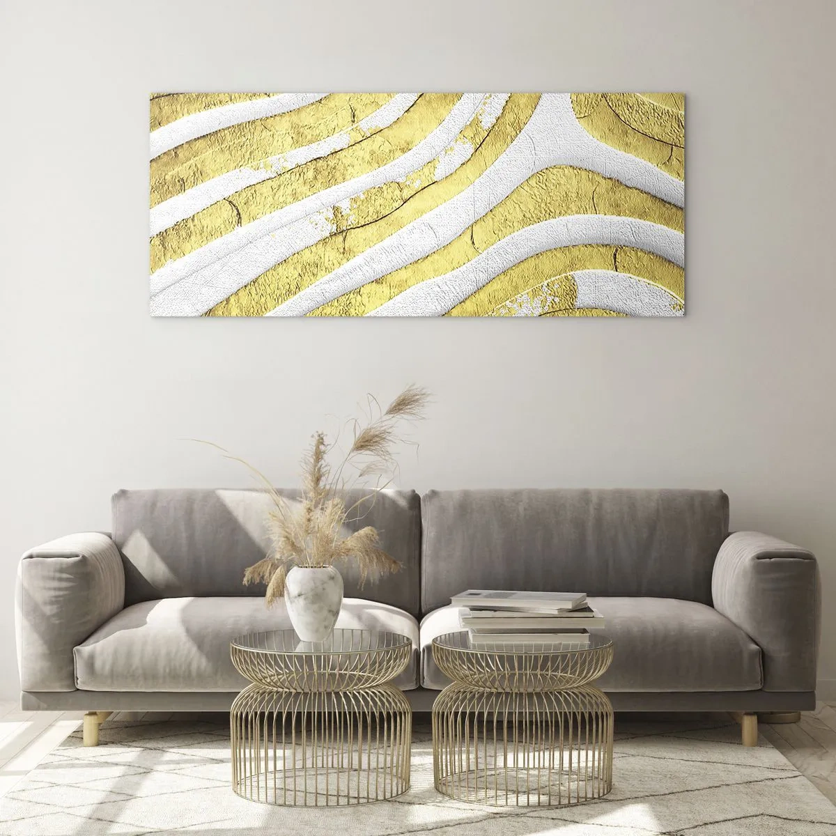 Glasbild - Bild auf glas - Gold- und Weiß-abstrakte Linien in einer 3D-Textur - 120x50cm - Komposition in Weiß und Gold - Moderne Wanddekoration für Wohnzimmer und Schlafzimmer ARTTOR