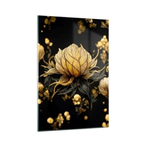 Glasbild - Bild auf glas - Goldene Blume auf dunklem Hintergrund - 70x100cm - Subtile Zerbrechlichkeit - Moderne Wanddekoration für Wohnzimmer und Schlafzimmer ARTTOR