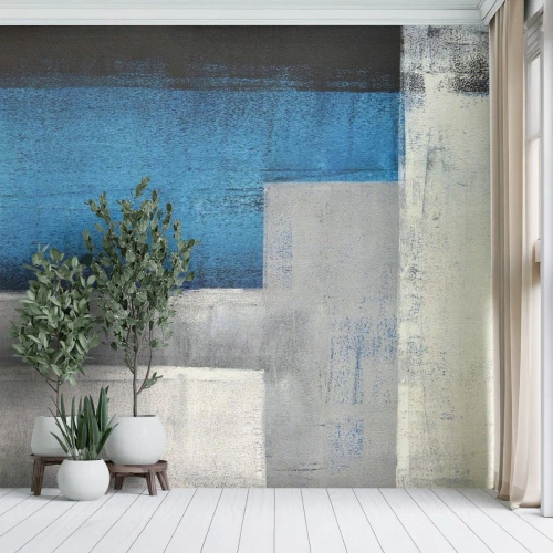 Fototapete Premium Sand - Eine abstrakte Komposition aus Rechtecken in Blau und Grau. - 100x70cm - Poetische Komposition aus Grau und Blau - Moderne Wanddekoration für Wohnzimmer und Schlafzimmer ARTTOR