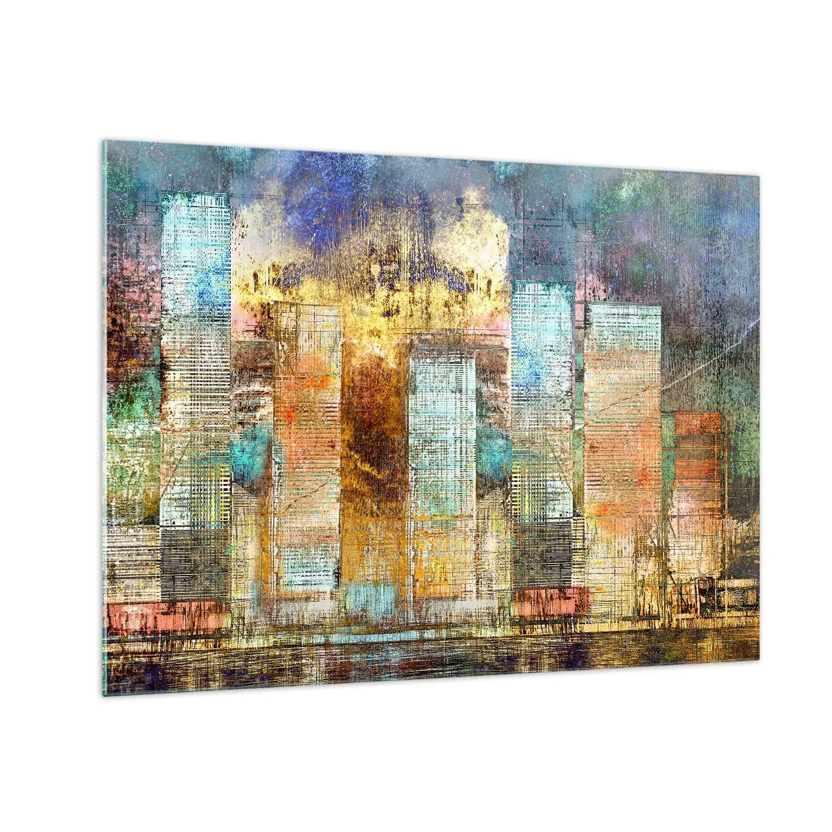 Glasbild - Bild auf glas - Farbenfrohes abstraktes Panorama der Wolkenkratzer der Stadt im künstlerischen Stil - 70x50cm - Sonnige Metropole - Moderne Wanddekoration für Wohnzimmer und Schlafzimmer ARTTOR