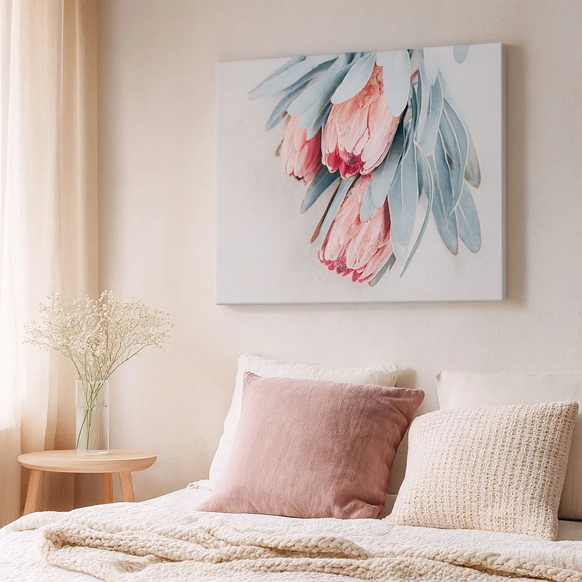Bild auf Leinwand - Leinwandbild - Dezente rosa Protea-Blüten auf hellem Hintergrund - 70x50cm - Schämen sich für ihre eigene Schönheit - Moderne Wanddekoration für Wohnzimmer und Schlafzimmer ARTTOR